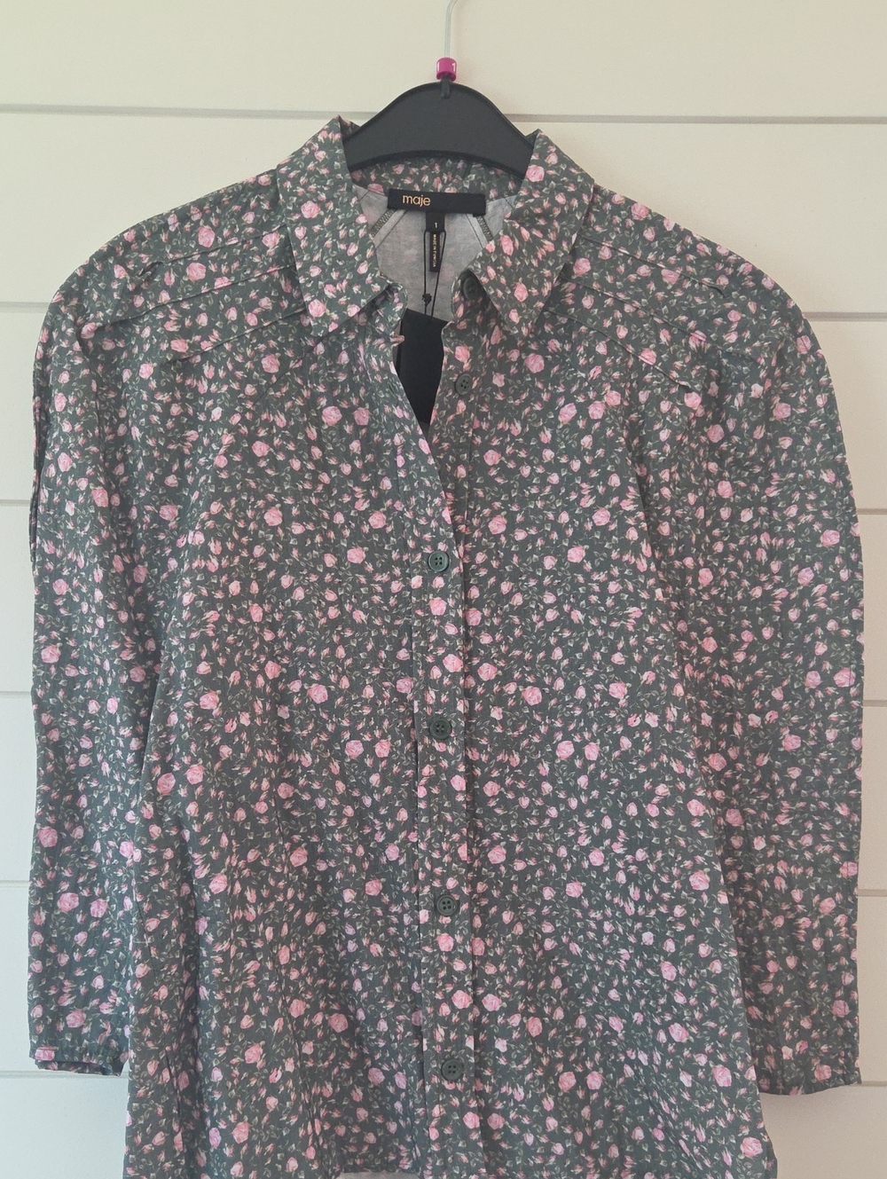 Maje Button-Down Shirt Sage Green with Rosebud Print FR 1, US 4, NWT